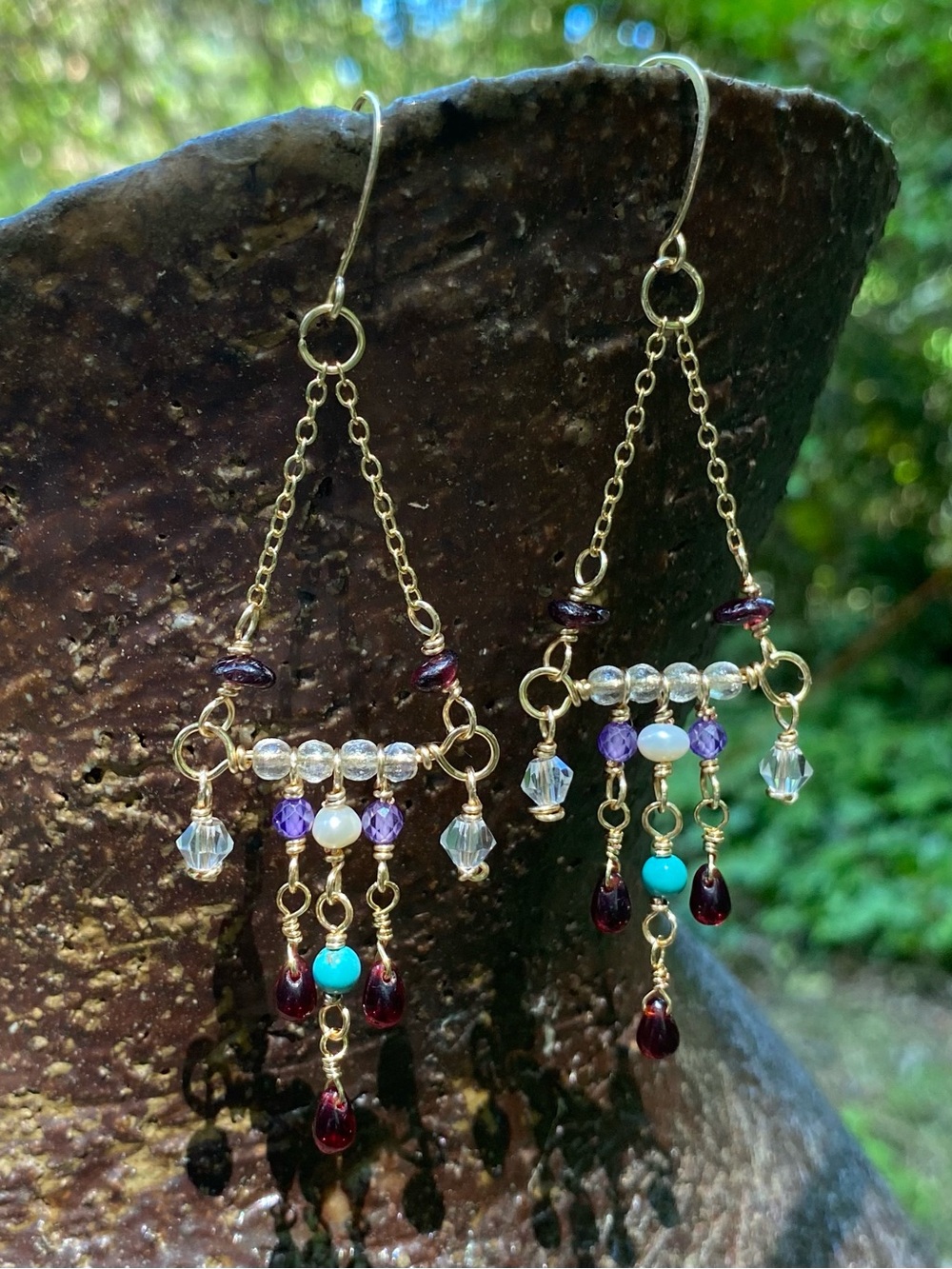 Handmade Chandelier Earrings With Turquoise & Garnet Accents